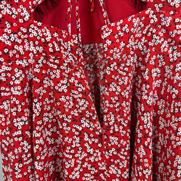 Socialite Mini Dress Womens Large Red White Floral Ditsy Cutout V-Neck Bohemian - Picture 8 of 10